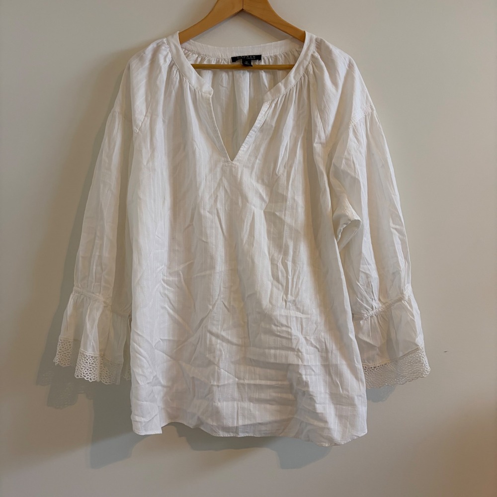Lauren Ralph Lauren White Cotton Dobby Eyelet Lace Peasant Blouse 3X
